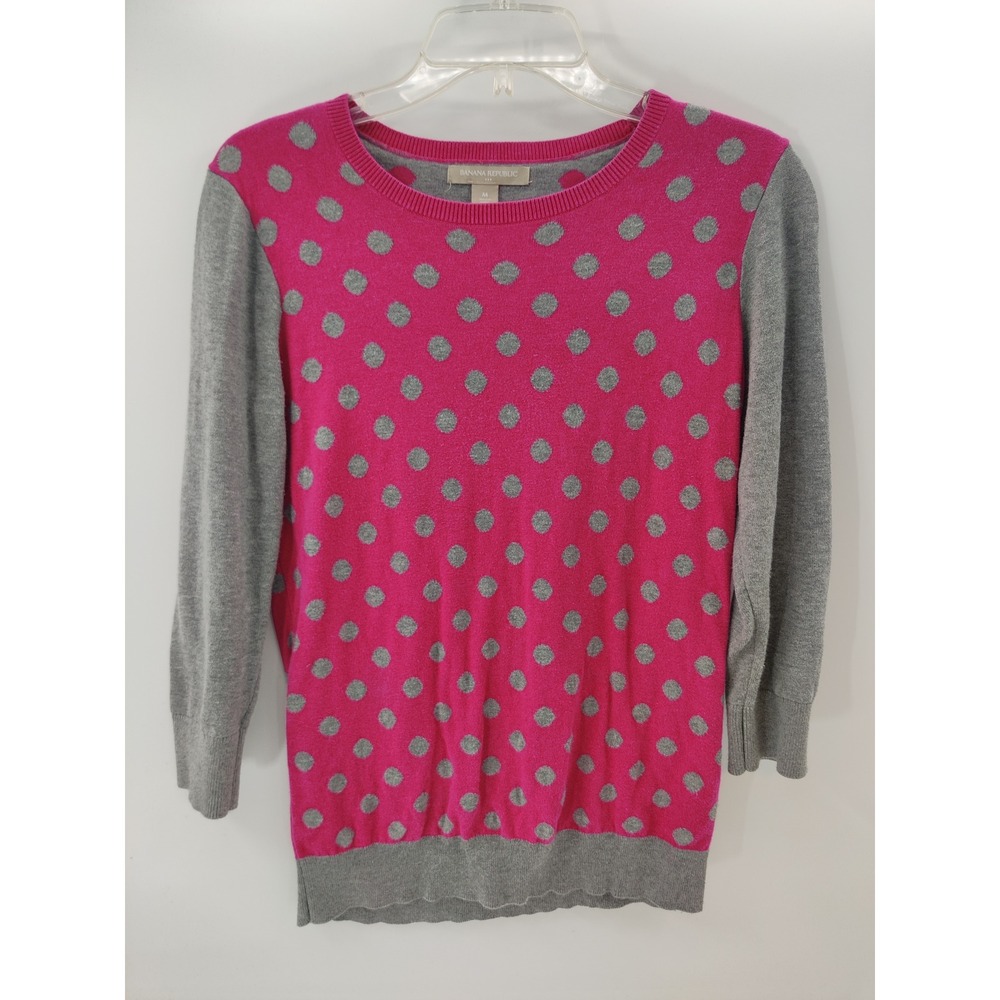 Banana Republic Polka Dot Sweater Women's Medium Pink Gray Crew Neck Long Sleeve